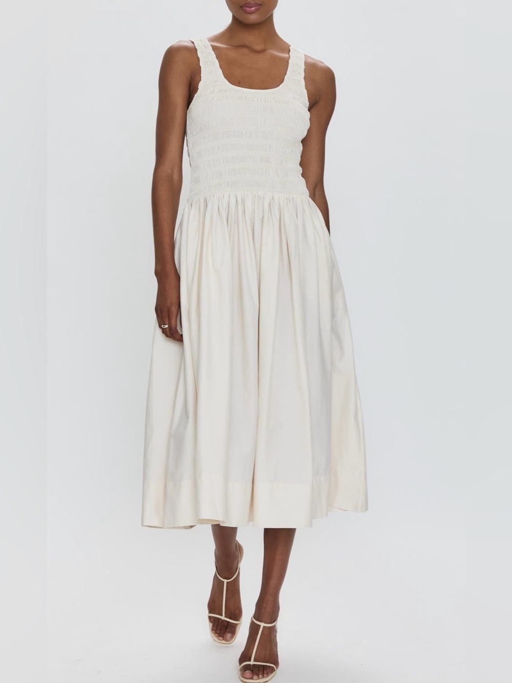 Pistola Alessia Smocked Drop-Waist Stretch Cotton Midi Dress in Shell